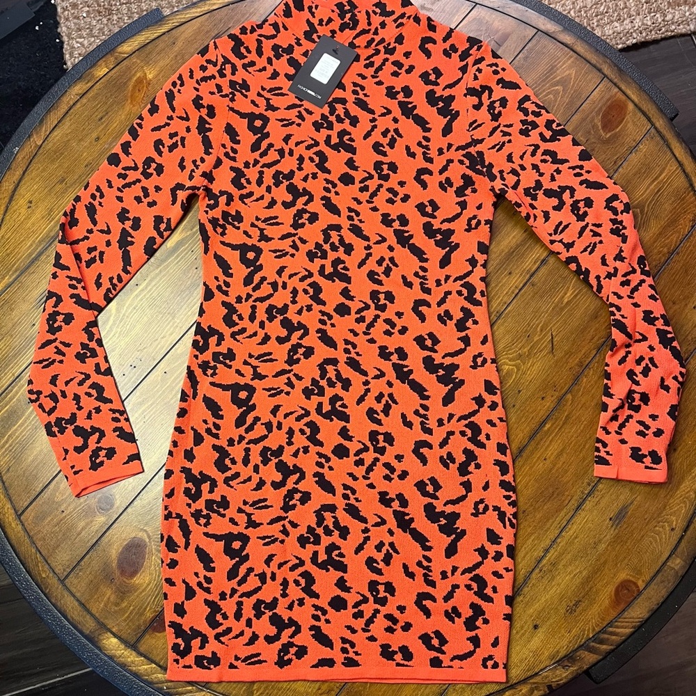 Fashion Nova Vibrant Orange and Black Long Sleeve Dress